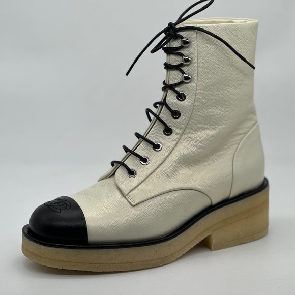 CHANEL 22A Grained Shimmer Leather Lace Up Combat Biker Hiking Ankle Boots - Picture 10 of 16